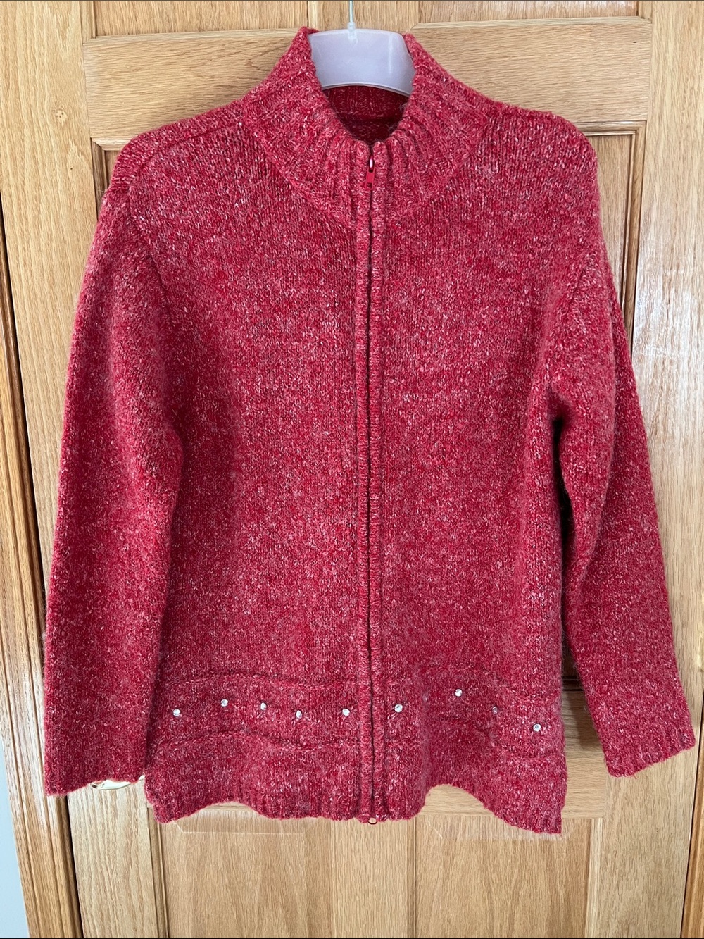 Stylish Zippered Red Women's Knit Cardigan with Stud Detail - Large